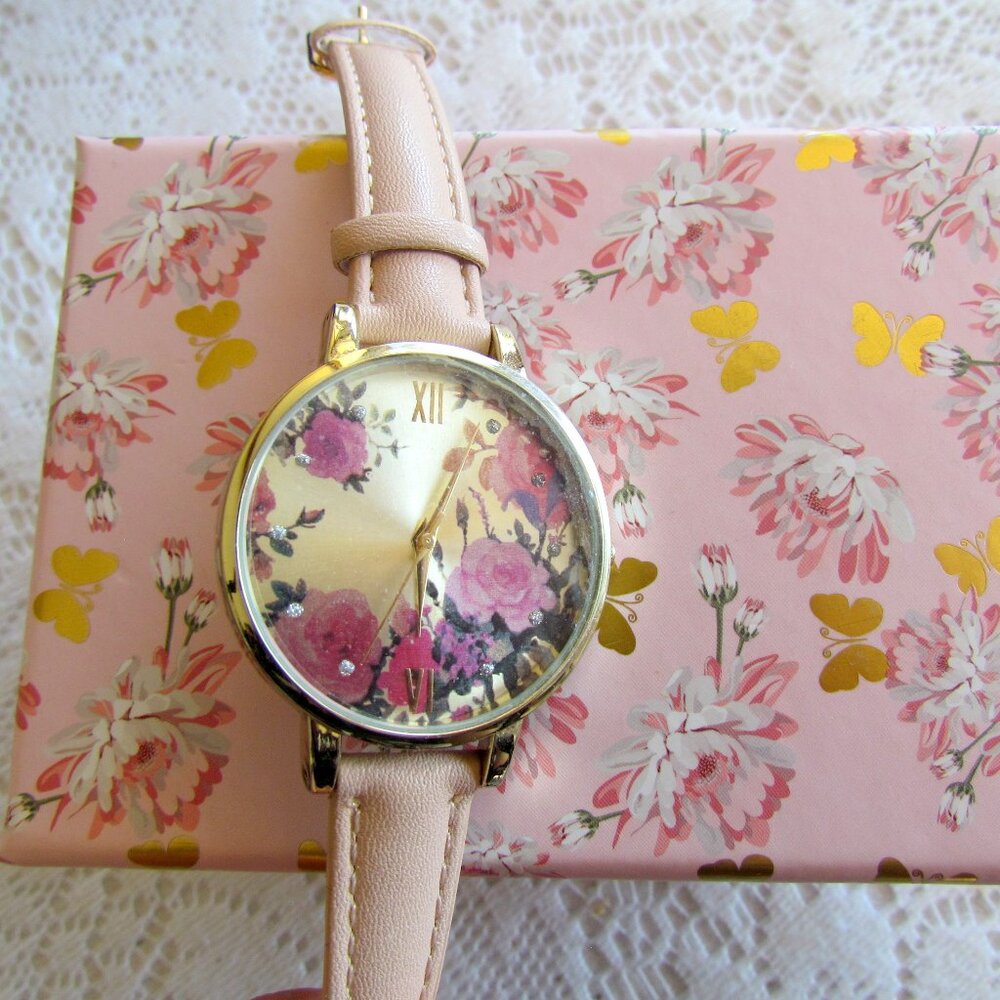 PINK WRIST WATCH, NEW ACCUTIME LADIES ROSE THEME, SECOND HAND, ROMAN NUMERALS - Picture 2 of 7